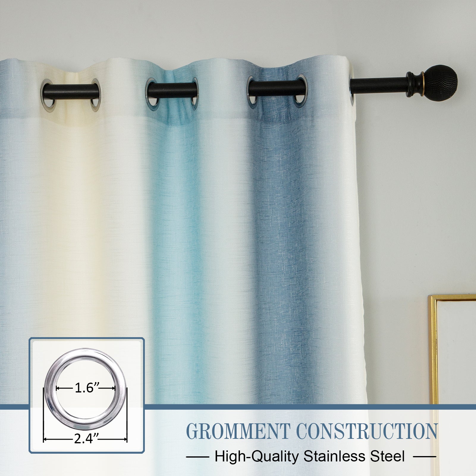 Grommet Faux Linen Curtains 52" W x 95" L, Cream & Blue