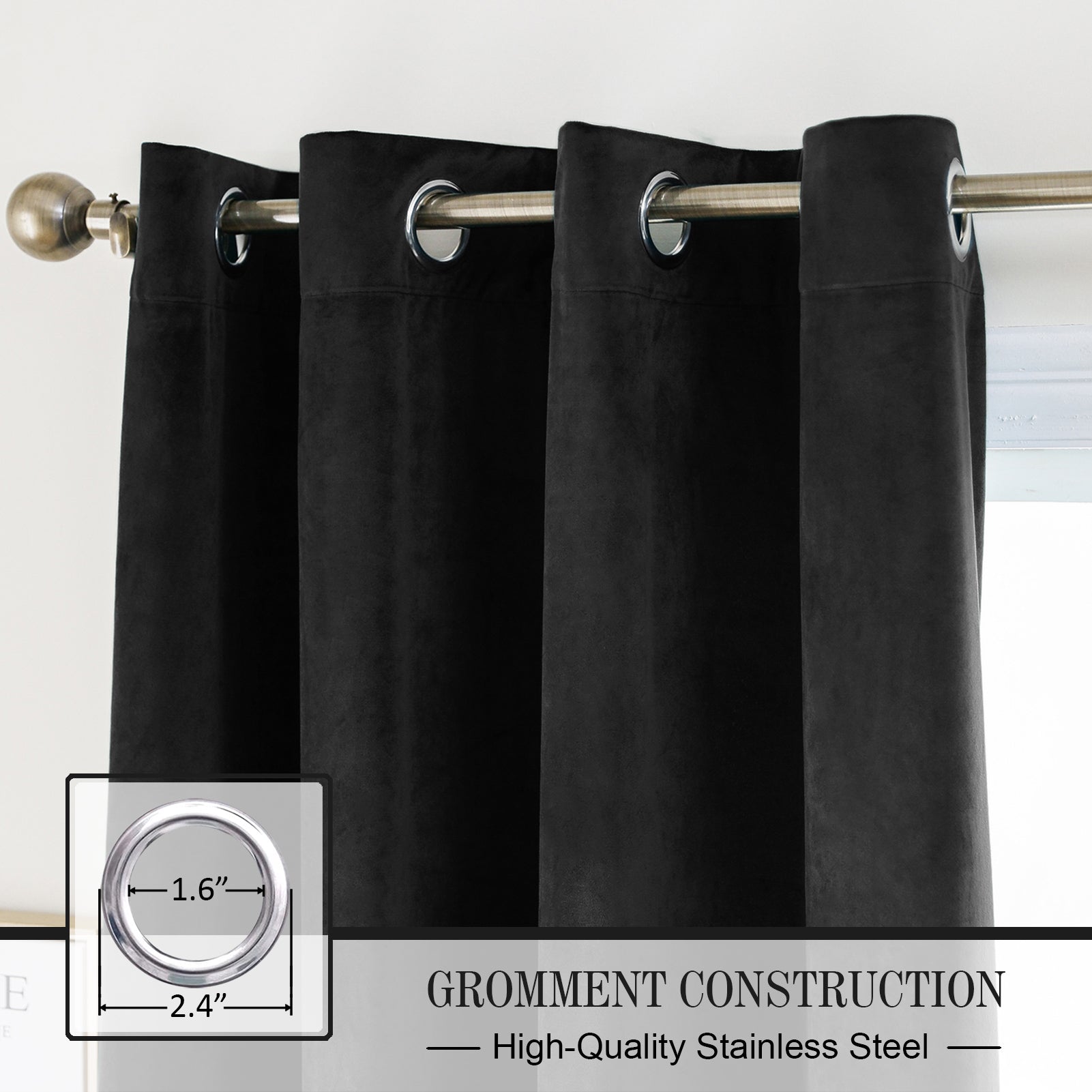 Grommet Velvet Curtains 52" W x 84" L, Black