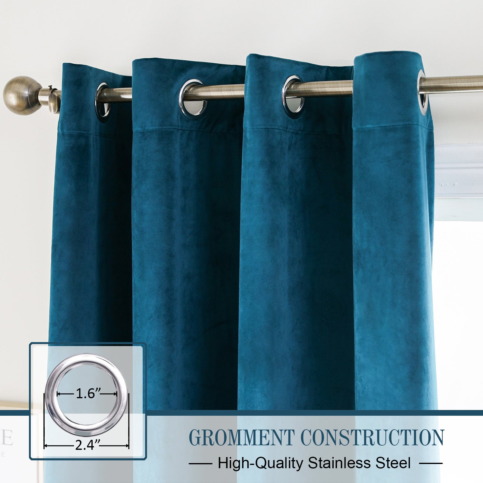 Grommet Velvet Curtains 52" W x 84" L, Teal